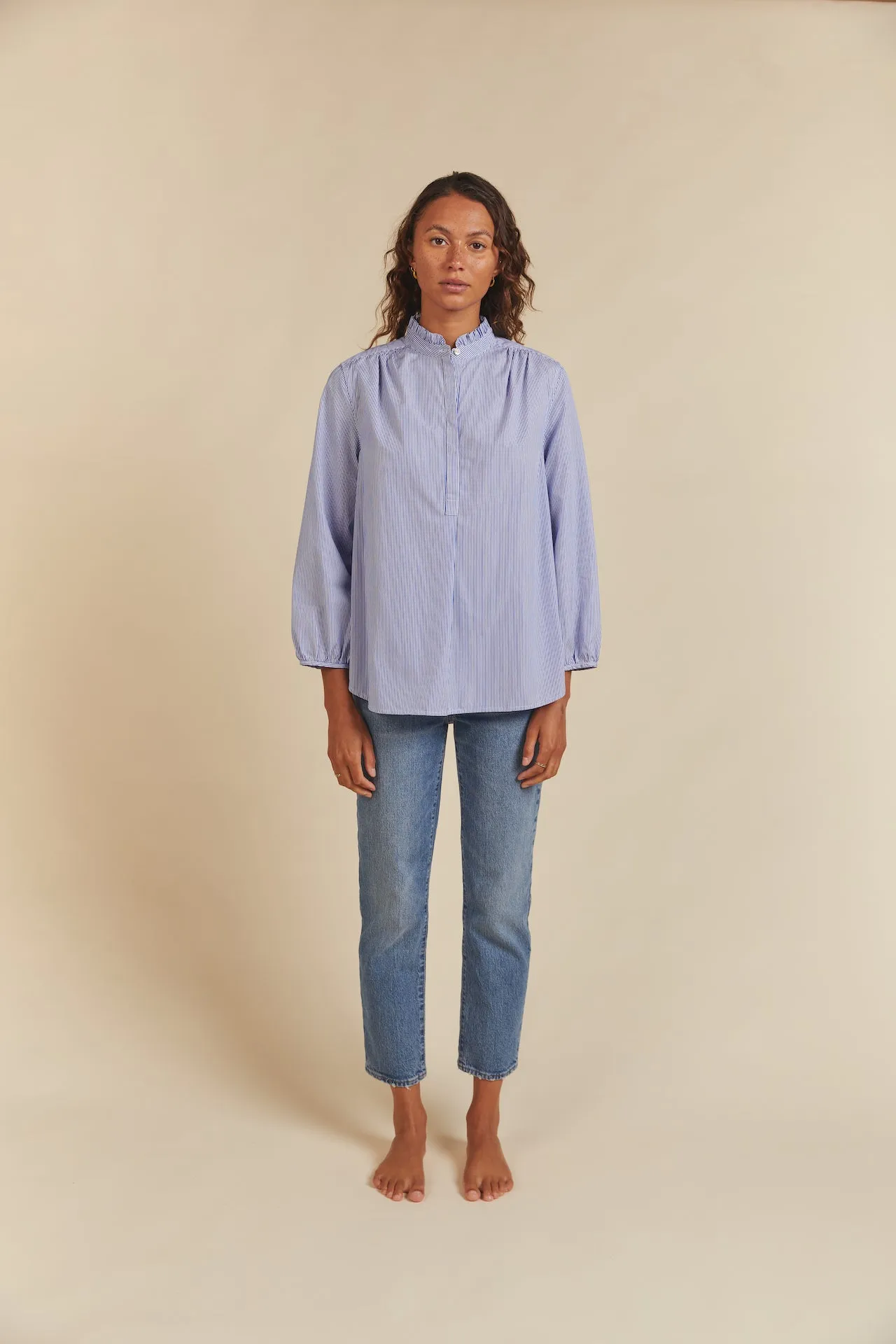 Sara B Henley Shirt Blue/White Stripe