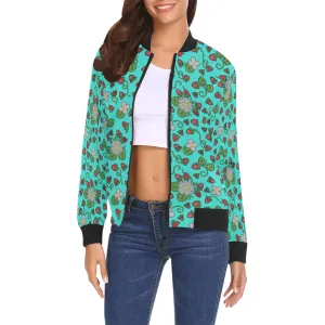 Strawberry Dreams Turquoise All Over Print Bomber Jacket for Women