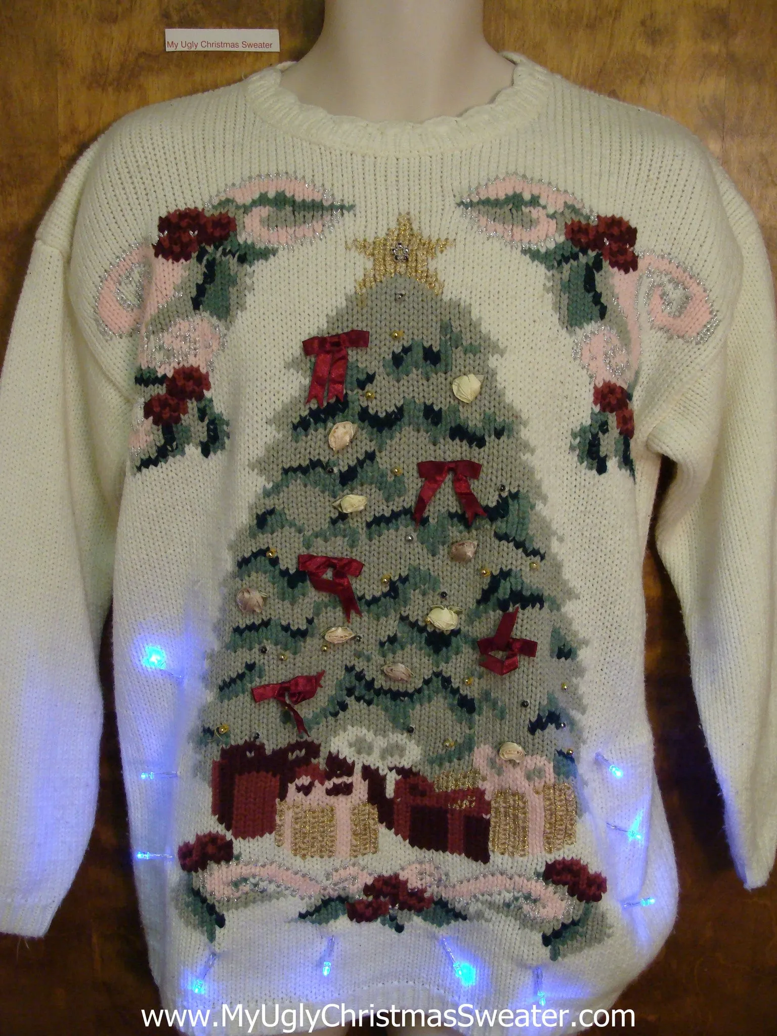 Tacky Light Up Ugly Xmas Sweater with Festive Tree