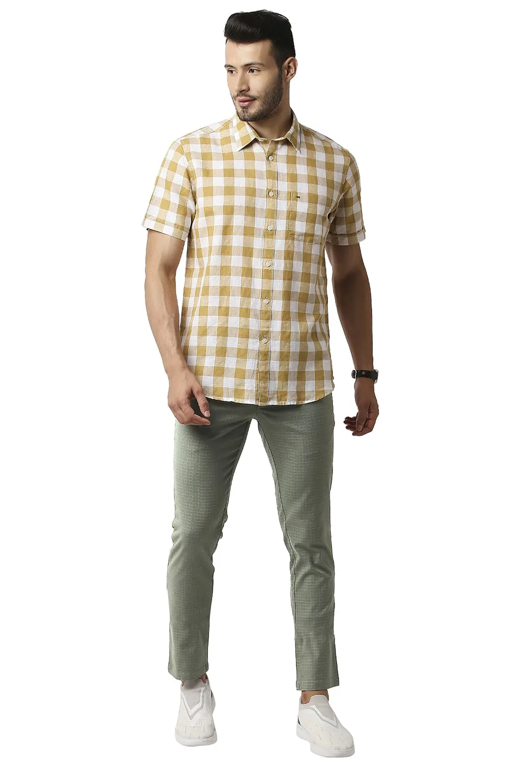 Tapered Fit Stretch Checks Trousers